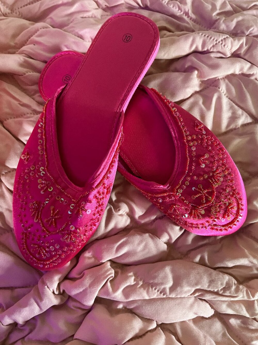 Womens 10 Pink Beaded Slip On Mule Flats Satin Embroidered Sequin